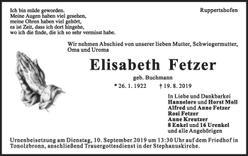 Traueranzeige von Elisabeth Fetzer von Gmünder Tagespost