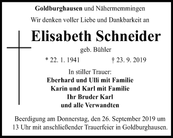 Traueranzeige von Elisabeth Schneider von Schwäbische Post