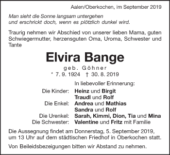 Traueranzeige von Elvira Bange von Schwäbische Post