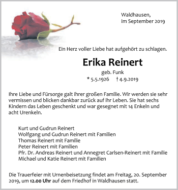 Traueranzeige von Erika Reinert von Gmünder Tagespost