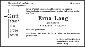 Traueranzeige von Erna Lang von Gmünder Tagespost