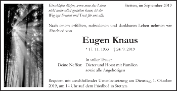 Traueranzeige von Eugen Knaus von Schwäbische Post