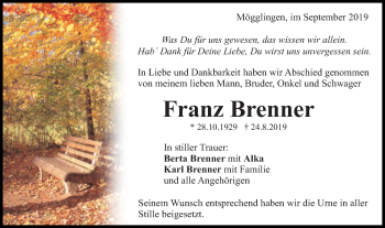 Traueranzeige von Franz Brenner von Gmünder Tagespost
