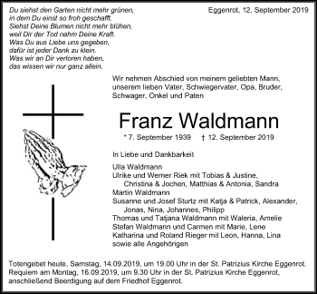 Traueranzeige von Franz Waldmann von Schwäbische Post