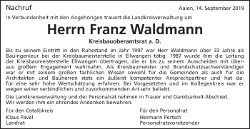 Traueranzeige von Franz Waldmann von Schwäbische Post