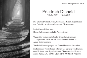 Traueranzeige von Friedrich Diebold von Schwäbische Post