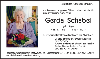 Traueranzeige von Gerda Schabel von Gmünder Tagespost