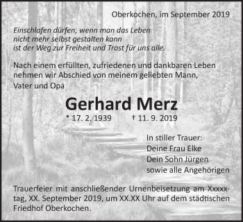 Traueranzeige von Gerhard Merz von Schwäbische Post