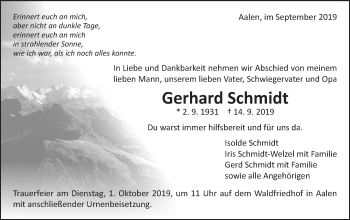 Traueranzeige von Gerhard Schmidt von Schwäbische Post