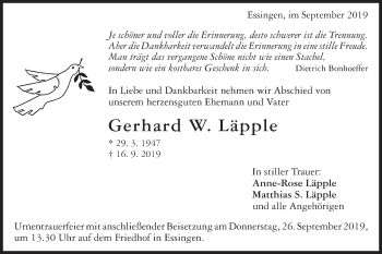 Traueranzeige von Gerhard W. Läpple von Schwäbische Post