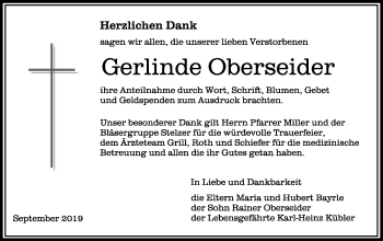 Traueranzeige von Gerlinde Oberseider von Schwäbische Post