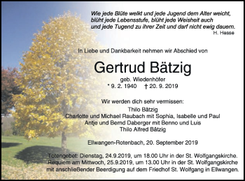 Traueranzeige von Gertrud Bätzig von Schwäbische Post