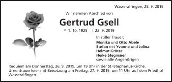 Traueranzeige von Gertrud Gsell von Schwäbische Post