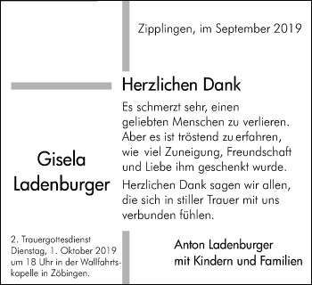 Traueranzeige von Gisela Ladenburger von Schwäbische Post
