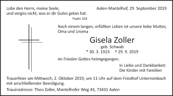 Traueranzeige von Gisela Zoller von Schwäbische Post
