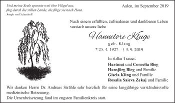 Traueranzeige von Hannelore Kluge von Schwäbische Post