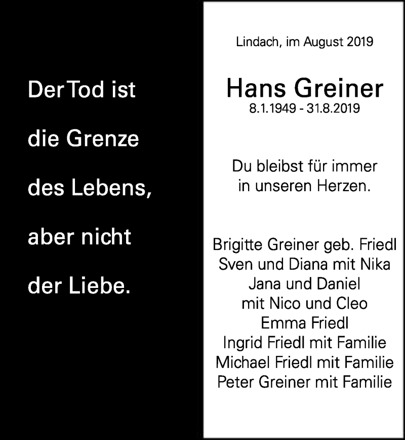  Traueranzeige für Hans Greiner vom 10.09.2019 aus Gmünder Tagespost