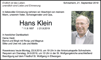 Traueranzeige von Hans Klein von Schwäbische Post