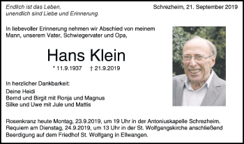 Traueranzeige von Hans Klein