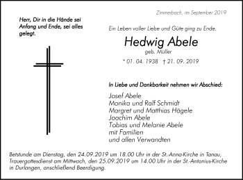 Traueranzeige von Hedwig Abele von Gmünder Tagespost