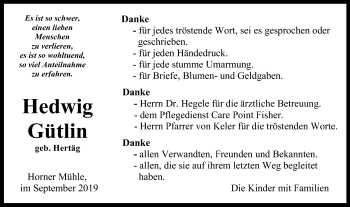 Traueranzeige von Hedwig Gütlin von Gmünder Tagespost