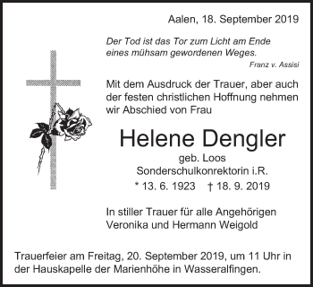 Traueranzeige von Helene Dengler von Schwäbische Post
