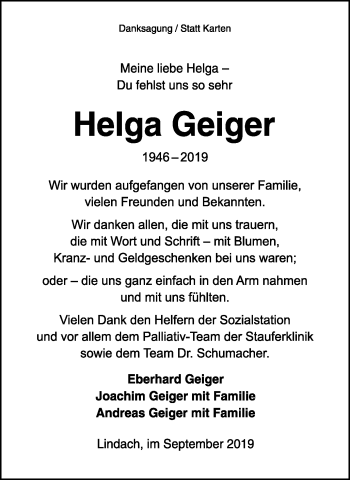Traueranzeige von Helga Geiger von Gmünder Tagespost