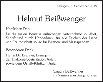 Traueranzeige von Helmut Beißwenger von Schwäbische Post
