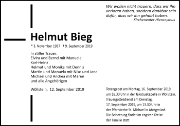 Traueranzeige von Helmut Bieg von Schwäbische Post