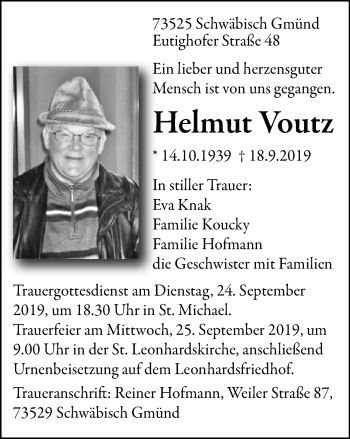 Traueranzeige von Helmut Voutz von Gmünder Tagespost