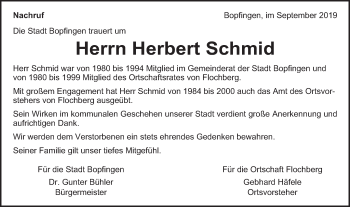 Traueranzeige von Herbert Schmid von Schwäbische Post