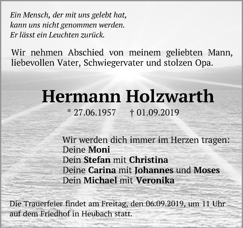  Traueranzeige für Hermann Holzwarth vom 04.09.2019 aus Schwäbische Post