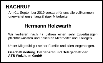 Traueranzeige von Hermann Holzwarth von Schwäbische Post