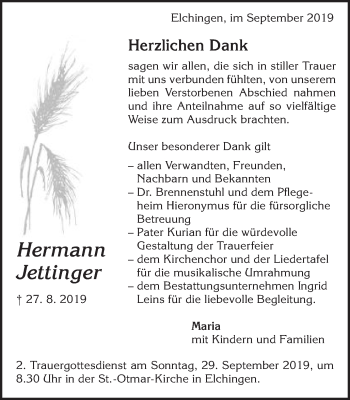 Traueranzeige von Hermann Jettinger von Schwäbische Post