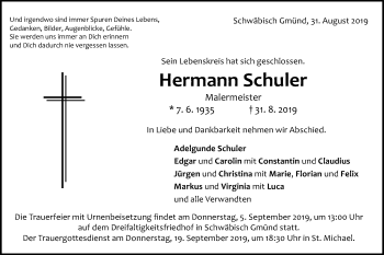 Traueranzeige von Hermann Schuler von Gmünder Tagespost