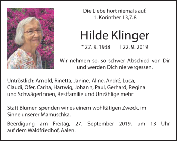Traueranzeige von Hilde Klinger von Schwäbische Post
