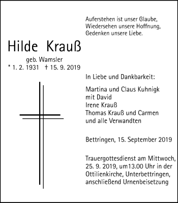 Traueranzeige von Hilde Krauß von Gmünder Tagespost