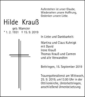 Traueranzeige von Hilde Krauß