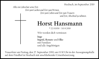 Traueranzeige von Horst Hansmann von Gmünder Tagespost