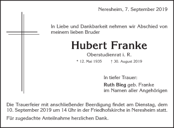 Traueranzeige von Hubert Franke von Schwäbische Post