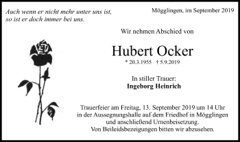 Traueranzeige von Hubert Ocker von Gmünder Tagespost