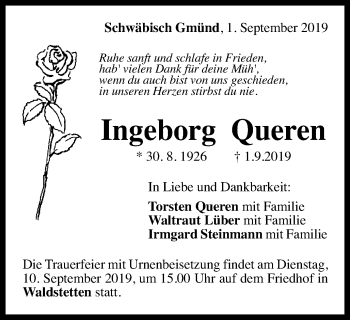 Traueranzeige von Ingeborg Queren von Gmünder Tagespost