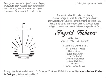 Traueranzeige von Ingrid Toberer von Schwäbische Post