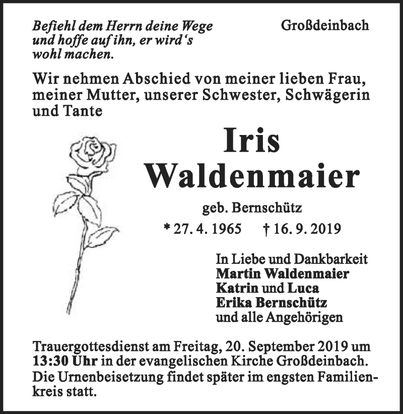  Traueranzeige für Iris Waldenmaier vom 18.09.2019 aus Gmünder Tagespost