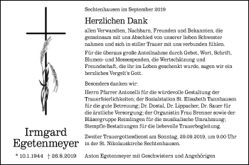Traueranzeige von Irmgard Egetenmeyer von Schwäbische Post