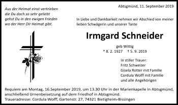 Traueranzeige von Irmgard Schneider von Schwäbische Post