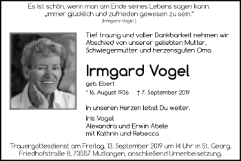Traueranzeige von Irmgard Vogel von Schwäbische Post