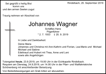 Traueranzeige von Johannes Wagner von Schwäbische Post