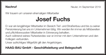Traueranzeige von Josef Fuchs