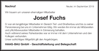 Traueranzeige von Josef Fuchs von Schwäbische Post